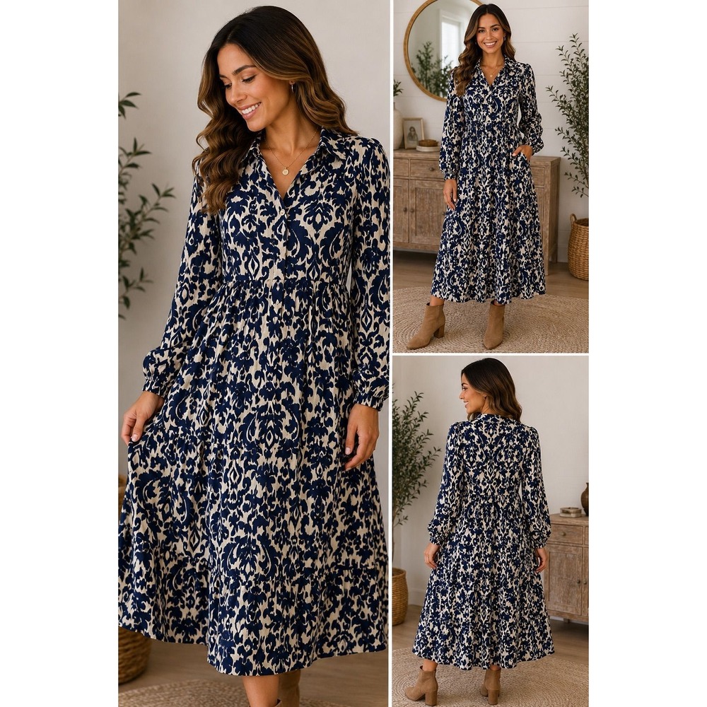 ZARA Navy Cream Damask Print Button Front Midi Dress M